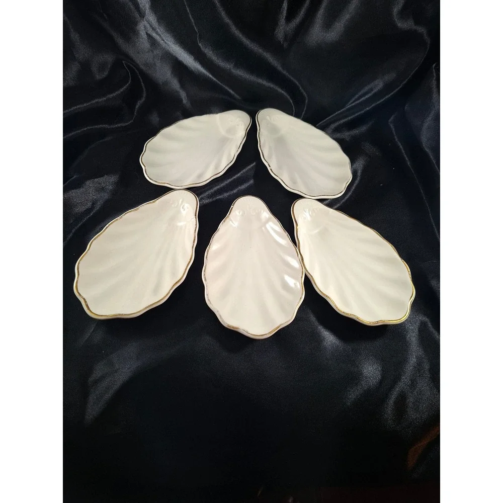 Vintage Lamberton Sterling Ivory Shell Shaped Dishes Gold Rim Set of 5 USA